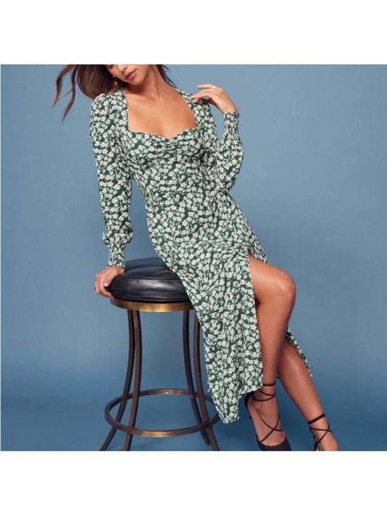 Reformation Dresses & Skirts - Reformation Belvedere Wallflower Long Sleeve Midi Dress Green White Sz 6 NEW